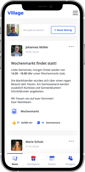 Smartphone mit geöffneter ‚Village‘-App im News-Bereich; ein Beitrag informiert über den Wochenmarkt mit Datum, Uhrzeit und zusätzlichen Angeboten.