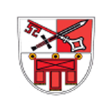 Wappen mit geteiltem Schild: oben links roter Schlüssel auf weißem Grund, oben rechts silbernes Schwert auf rotem Grund, beide schräg gekreuzt; unten rote stilisierte Burganlage mit drei Türmen auf weißem Grund.