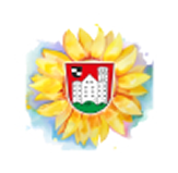 Wappen mit rotem Hintergrund und weißem Gebäude in der Mitte, oben ein kleines schwarz-weißes Feld; das Wappen ist von einer großen gelben Sonnenblume umgeben.