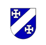 Wappen mit blauem Hintergrund: ein schräger weißer Balken von links oben nach rechts unten, begleitet von zwei weißen Tatzenkreuzen oben links und unten rechts.