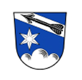 Wappen mit blauem Hintergrund: unten weiße Wolken, darüber ein weißer sechsstrahliger Stern; schräg von links oben nach rechts unten ein silbernes Band mit schwarzem Pfeil.