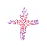 Kreuz aus vielen kleinen Symbolen und Formen in Rosa- und Lilatönen, in der Mitte ein rotes Herz.