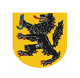 Wappen mit goldenem Hintergrund: ein aufgerichteter schwarzer Bär mit roter Zunge und roten Krallen, der in der Pranke ein blau-goldenes Schwert hält.