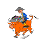 Karikatur eines Mannes in blauem Mantel und Dreispitzhut, der auf einem orangefarbenen Stier reitet und dabei ein großes Smartphone mit bunter App-Anzeige in den Händen hält."