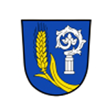 Blaues Wappen mit goldener Ähre auf der linken Seite und silbernem Bischofsstab mit kunstvollem Knauf auf der rechten Seite.