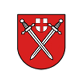 Rotes Wappen mit zwei gekreuzten silbernen Schwertern; darüber ein kleines silbernes Schild mit rotem Kreuz.