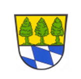 Wappen geteilt: oben goldener Grund mit drei grünen Nadelbäumen, unten schräg geteilt in silberne und blaue Rauten.