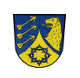 Geteiltes Wappen in Blau und Gold: links drei goldene Pfeile schräg nach rechts unten, rechts ein goldener Bärenrumpf mit roter Zunge, unten ein blaues Rad mit sechs Speichen auf goldenem Grund.